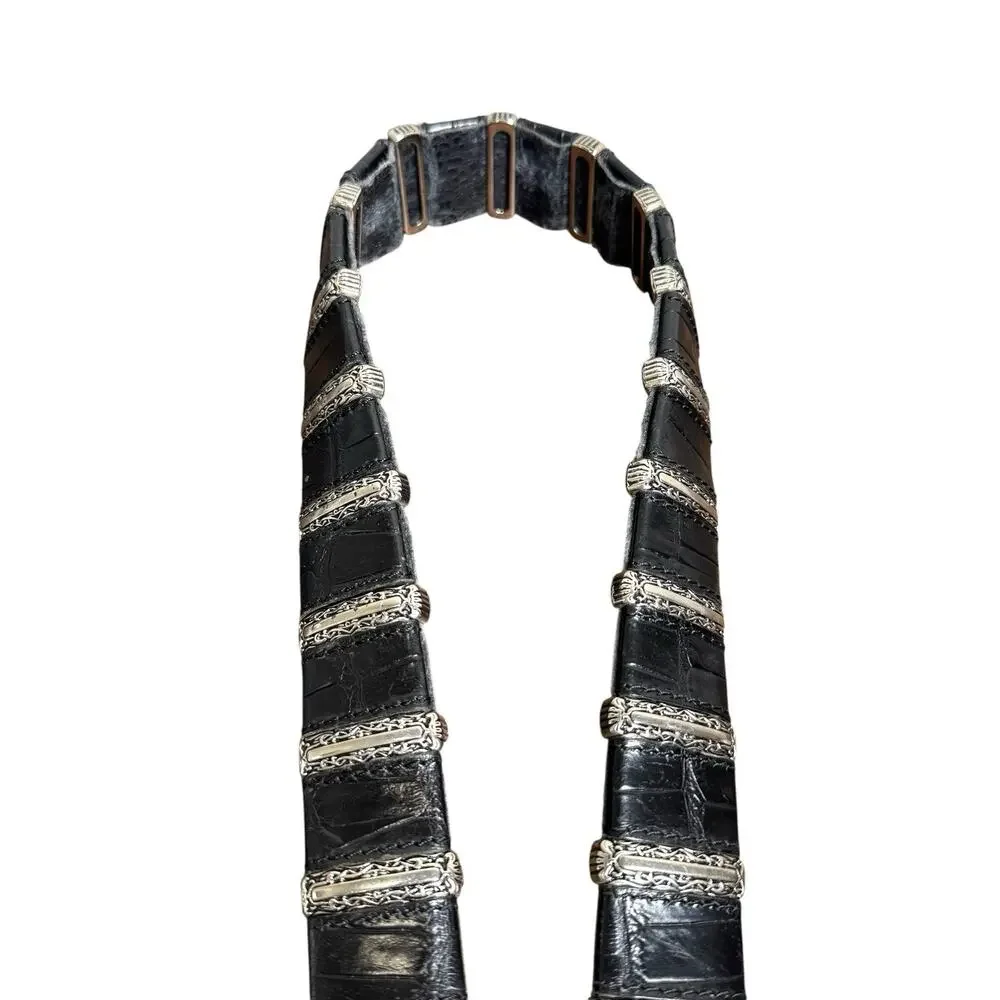 Nanni Womens Leather Belt Black Croc Embossed Western Silver Hardware Size 38